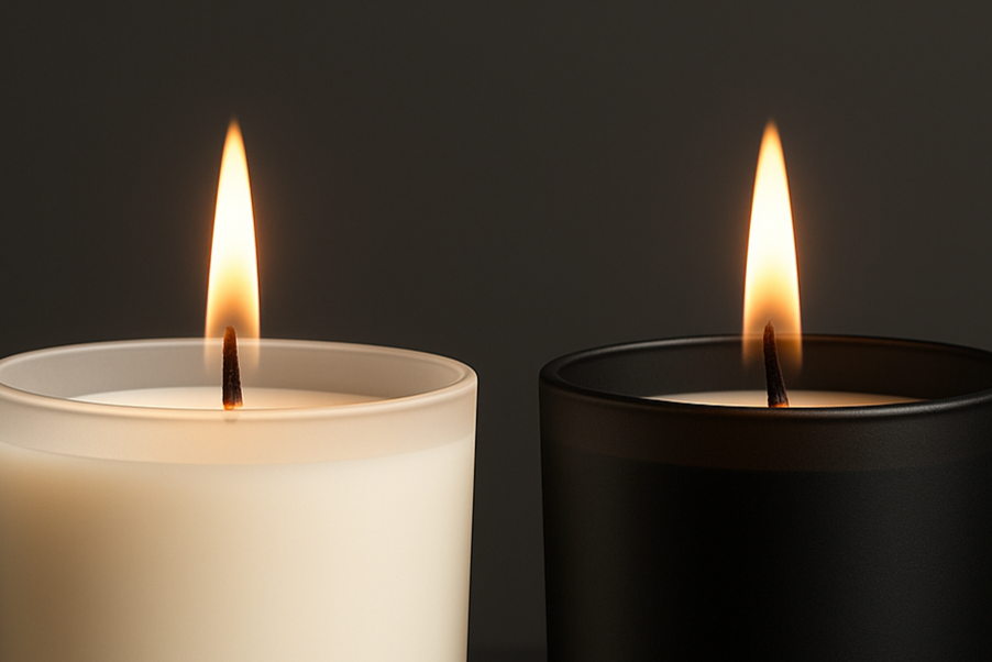 génère une banière avec une bougie blanche et une bougie noire de 180g chacune, en verre mat, avec une flemme allumée chacun